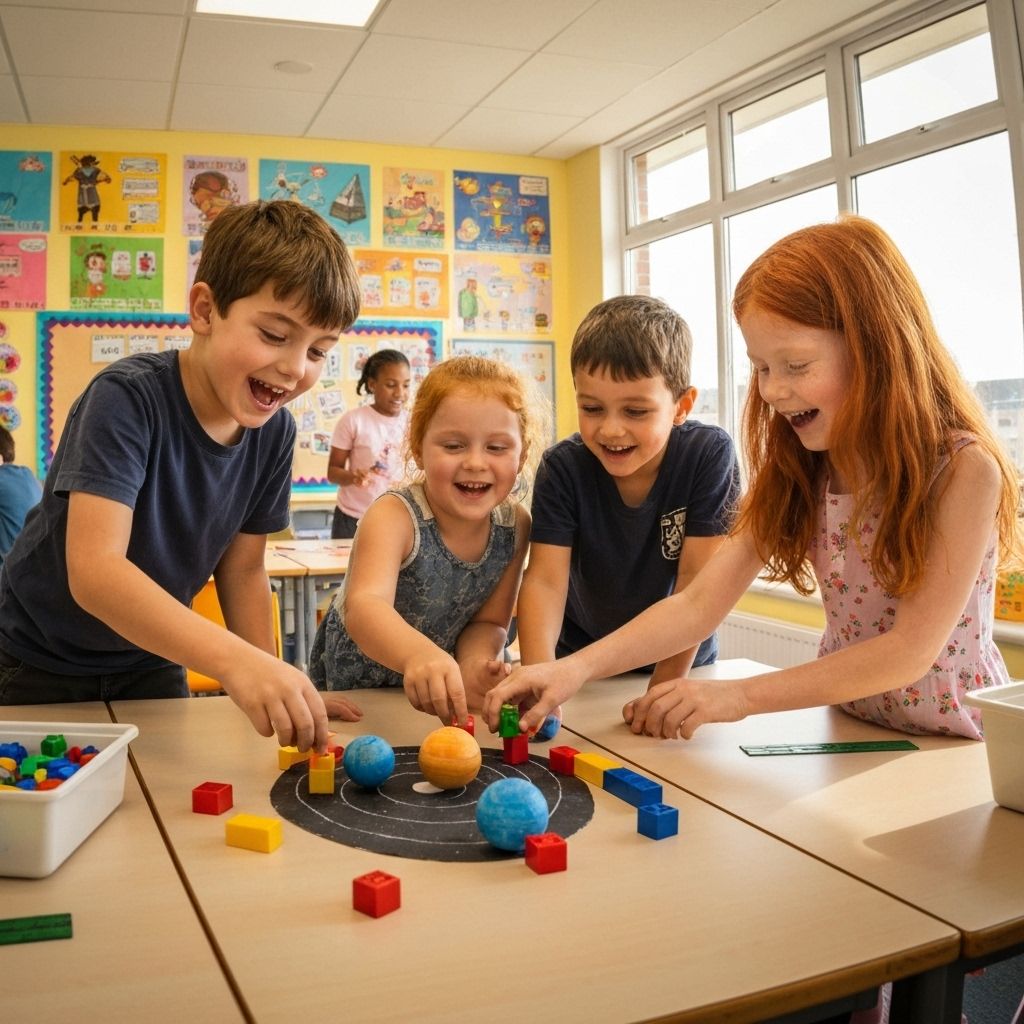Crianças aprendendo em ambiente educativo colorido